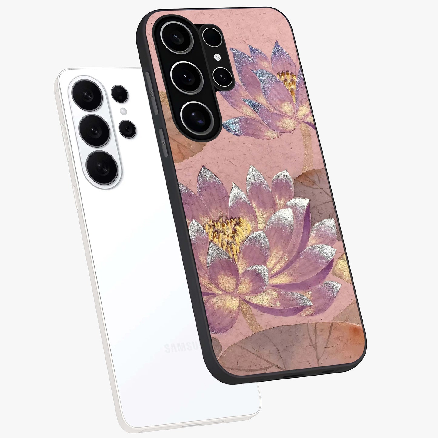 Blossom Mist Lotus Glass Case displayed in angled mockup highlighting delicate lotus illustration with calm aesthetic theme.