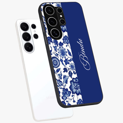 Blue Vintage Floral Pattern Glass Case displayed in angled mockup highlighting subtle bloom pattern with aesthetic pastel design.
