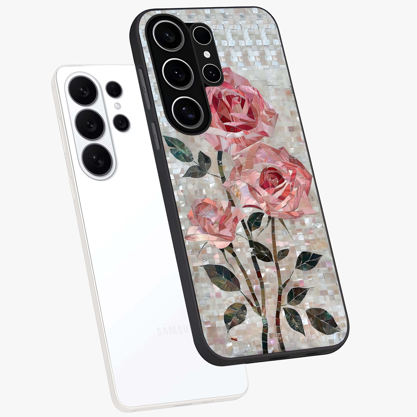 Blush Mosaic Bloom Glass Case displayed in angled mockup highlighting artistic mosaic flower pattern with aesthetic design.