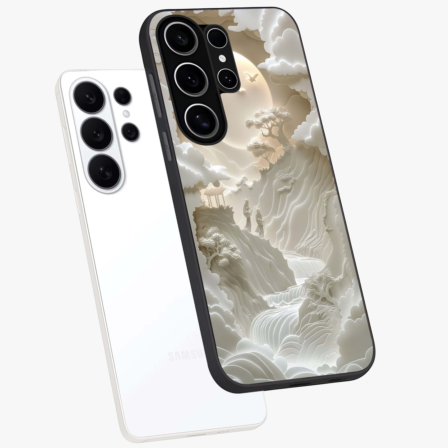 Celestial Origami Glass Case displayed in angled mockup highlighting geometric origami design with cosmic aesthetic theme.