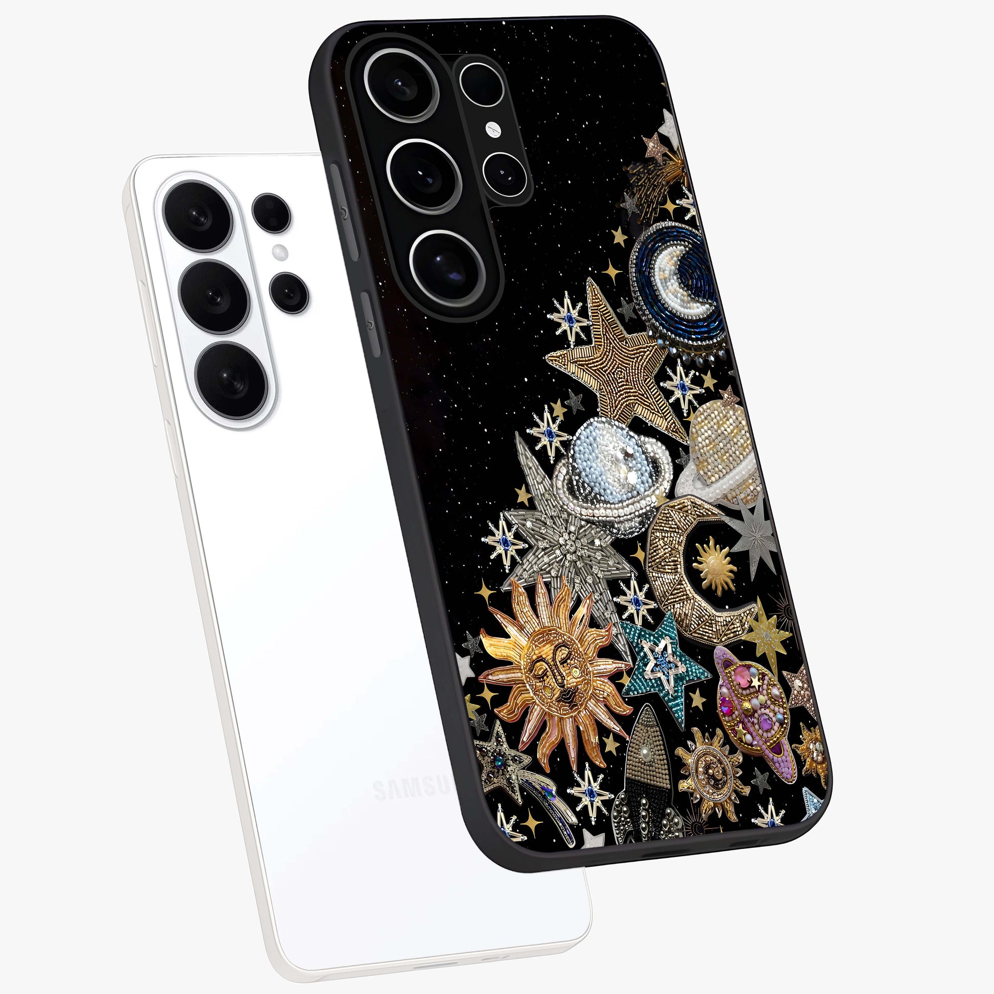 Cosmic Sparkle Dreams Glass Case displayed in angled mockup highlighting dreamy star sparkle design with celestial aesthetic.
