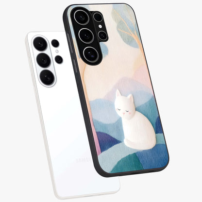 Cotton Dream Cat Glass Case displayed in angled mockup highlighting cute feline illustration with pastel aesthetic style.