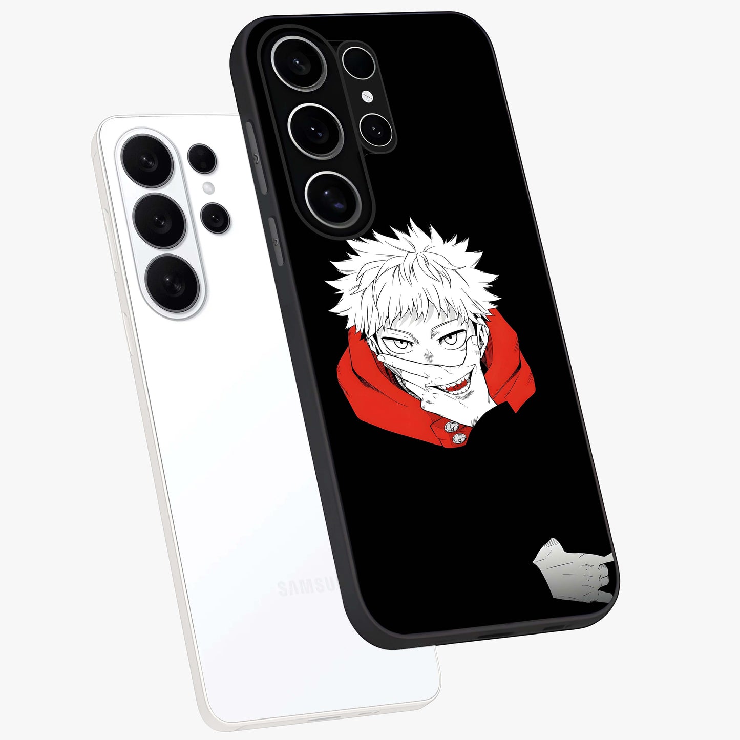 Crimson Chaos Smile Glass Case displayed in angled mockup highlighting edgy crimson smile design with graphic aesthetic.