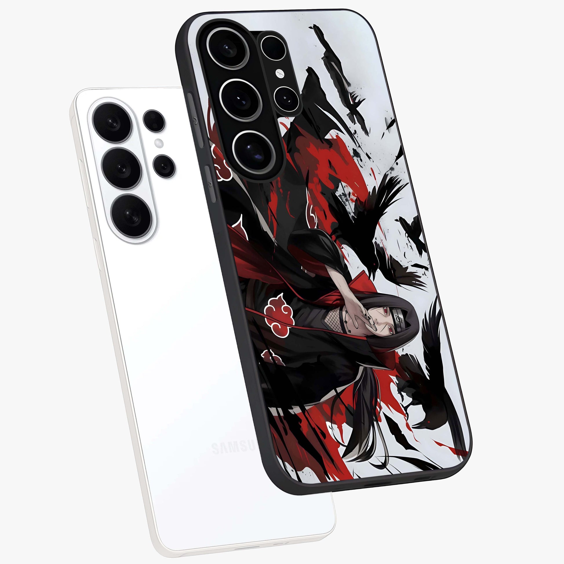 Crimson Crow Illusion Glass Case displayed in angled mockup highlighting mysterious crow graphic with dark aesthetic style.