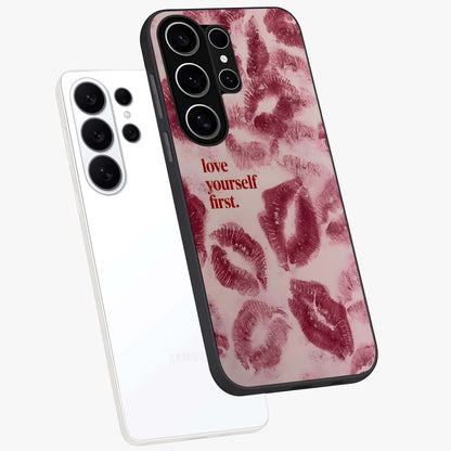 Crimson Kiss Love Glass Case displayed in angled mockup highlighting bold love inspired design with modern aesthetic style.