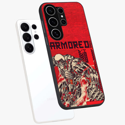 Crimson Mecha Titan Glass Case displayed in angled mockup highlighting futuristic mech illustration with bold crimson aesthetic.