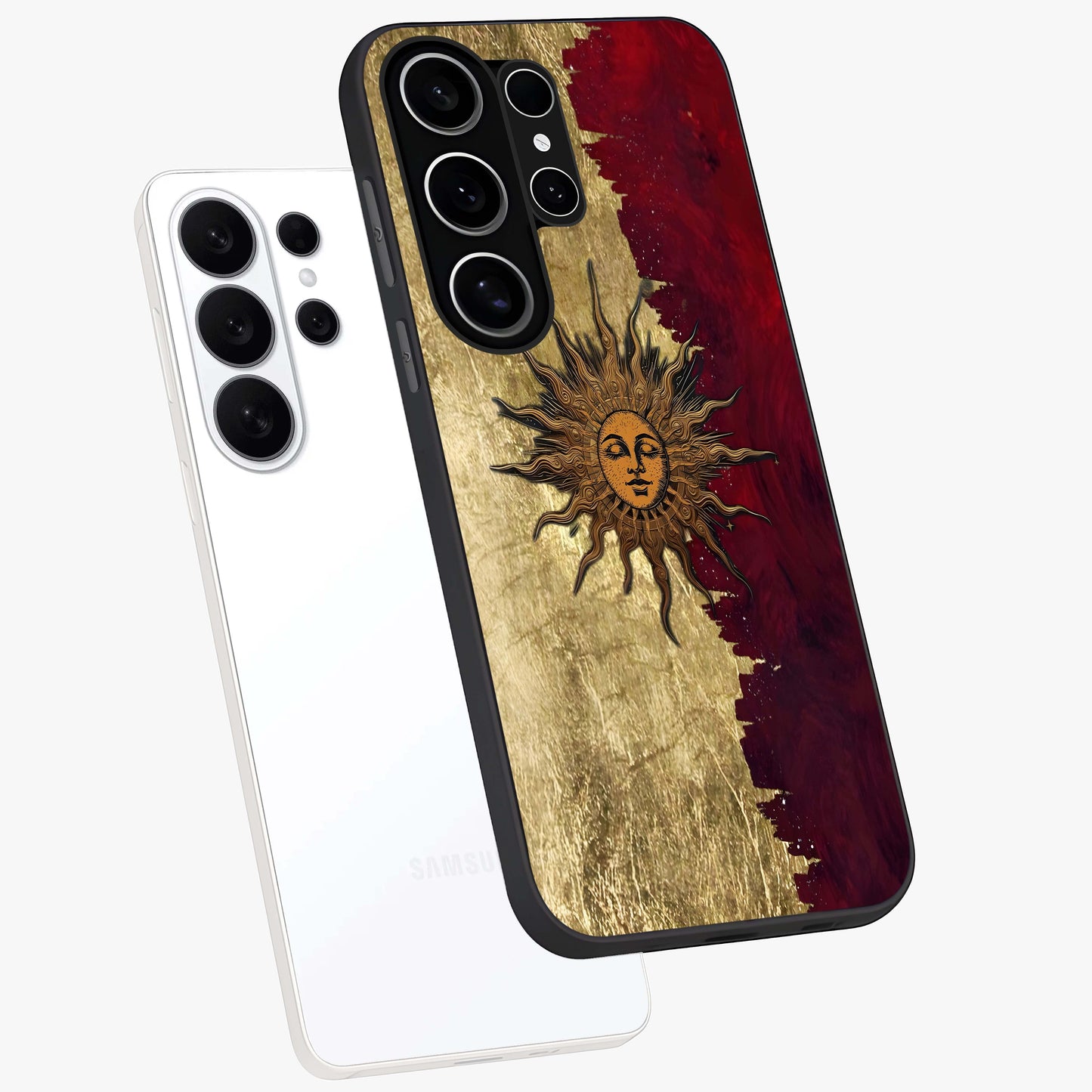 Crimson Sun Majesty Glass Case displayed in angled mockup highlighting majestic crimson sun design with bold aesthetic style.