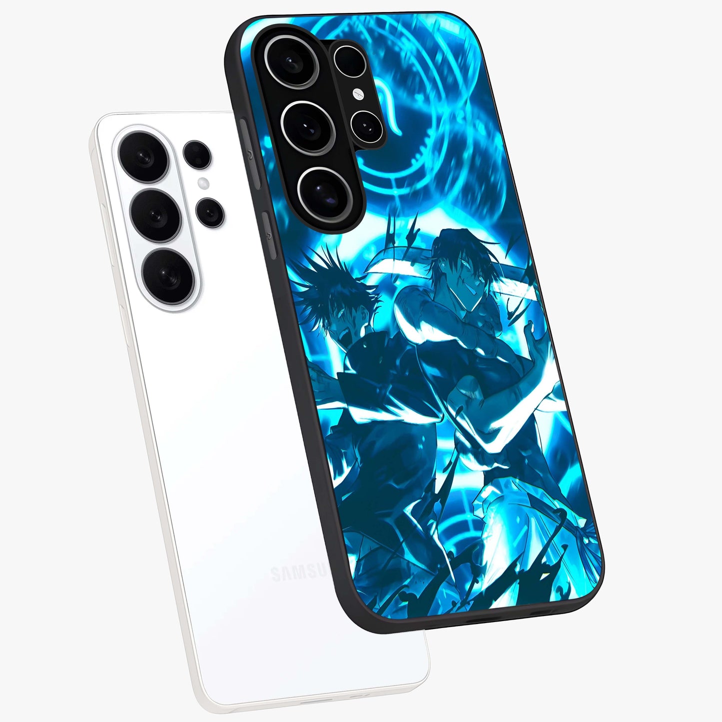 Cursed Energy Clash Glass Case displayed in angled mockup highlighting powerful battle inspired graphic with anime style aesthetic.