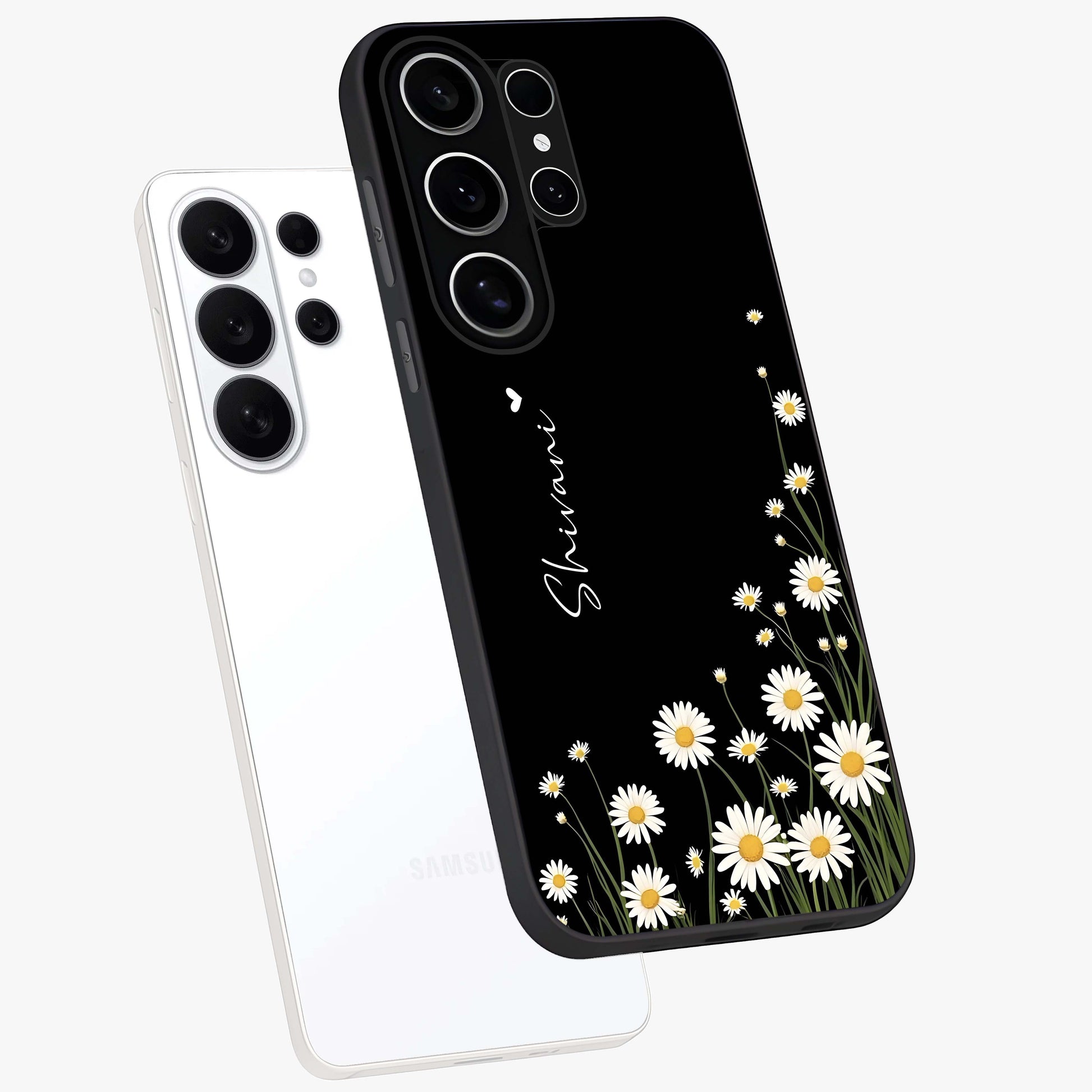 Daisy Cascade Custom Name Glass Case displayed in angled mockup highlighting delicate daisy artwork with custom name feature.