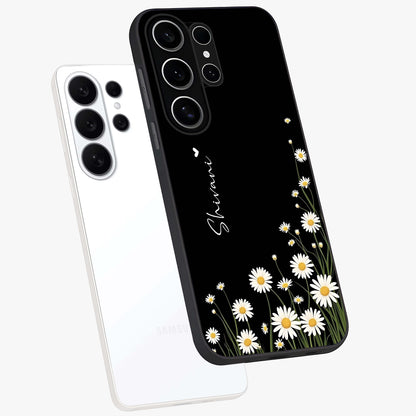 Daisy Cascade Custom Name Glass Case displayed in angled mockup highlighting delicate daisy artwork with custom name feature.