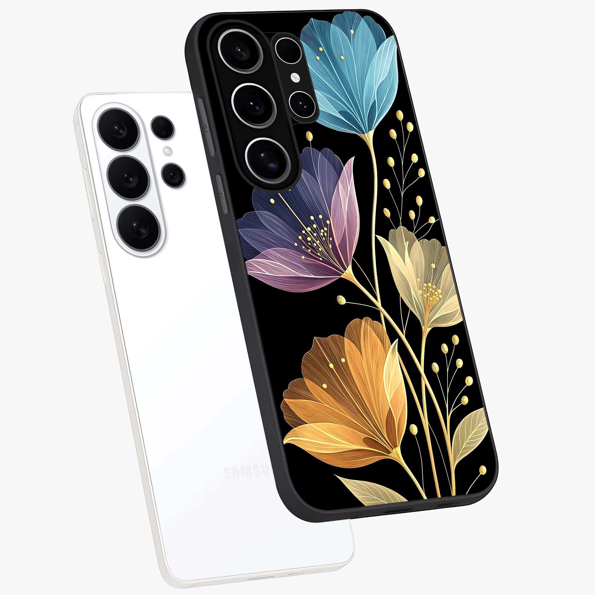 Delicate Multicolor Flowers Glass Case displayed in angled mockup highlighting colorful flower pattern with soft aesthetic style.