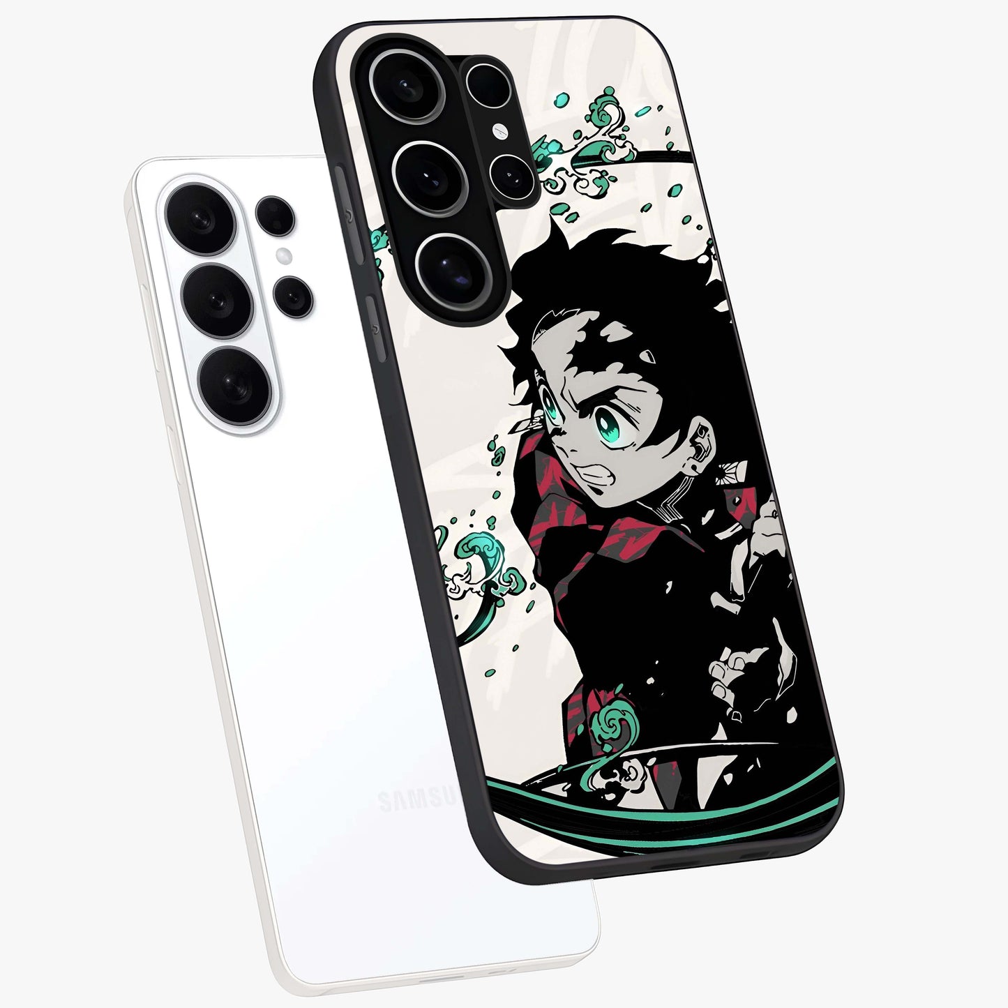Demon Slayer Glass Case displayed in angled mockup highlighting dramatic anime character design with action aesthetic.