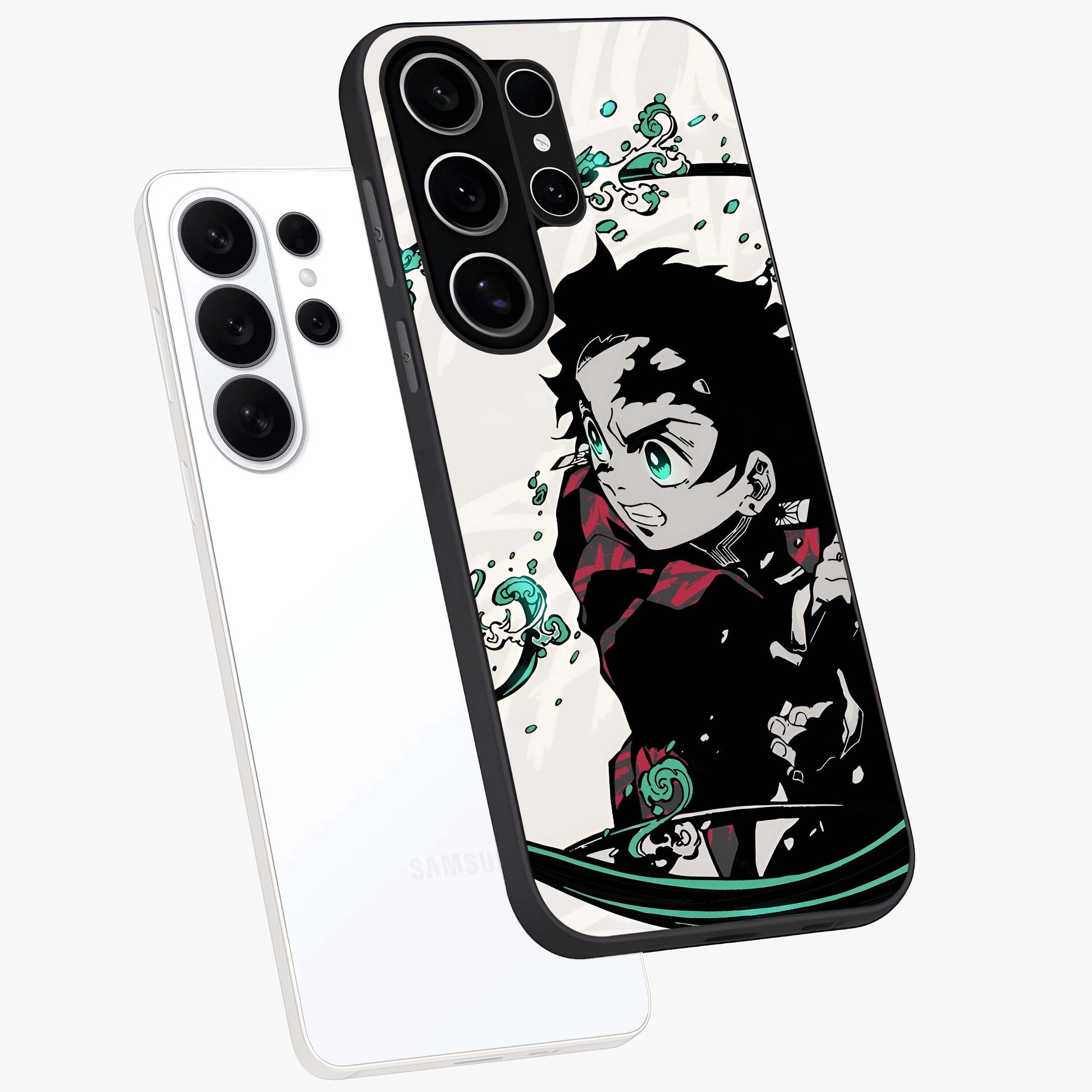 Demon Slayer Glass Case displayed in angled mockup highlighting dramatic anime character design with action aesthetic.