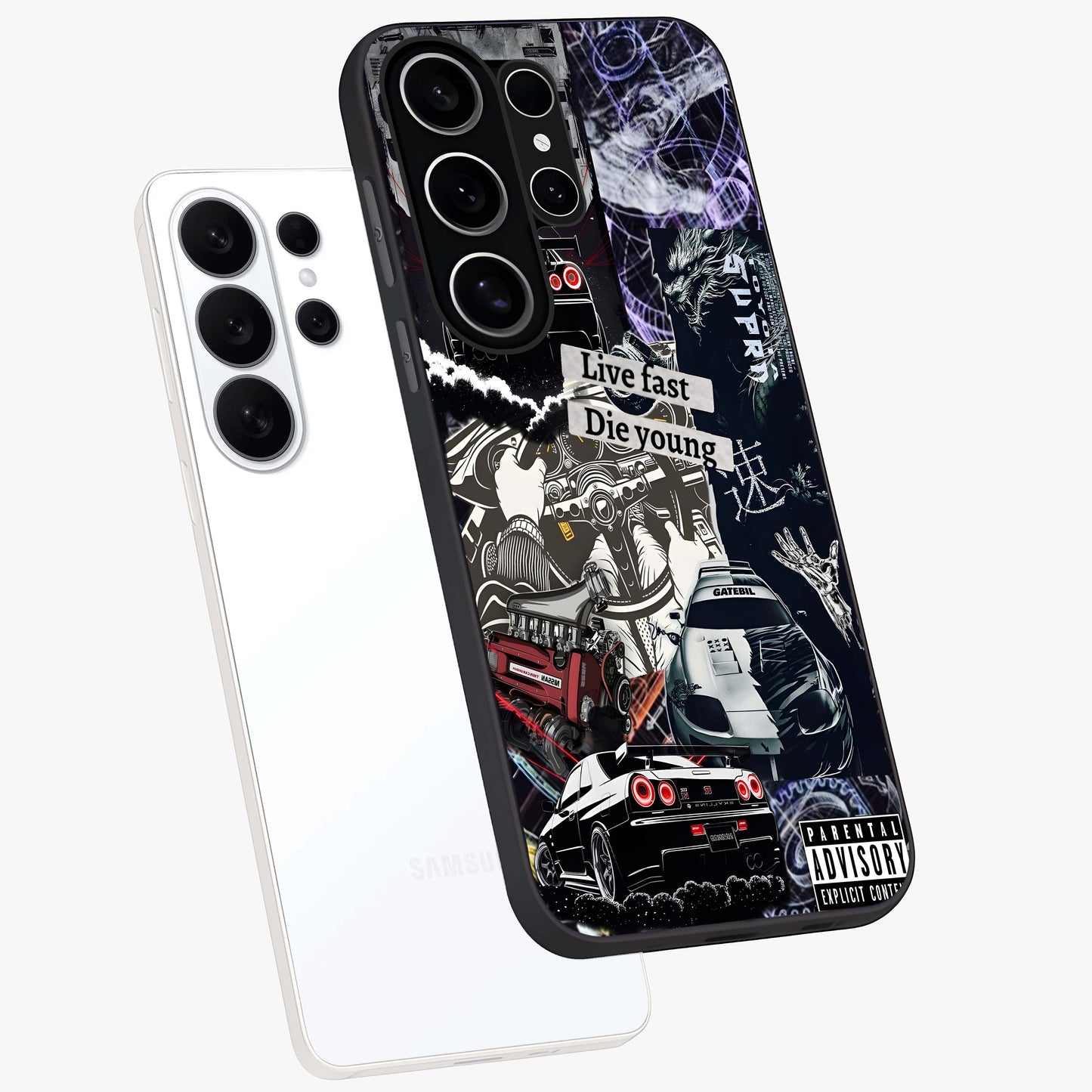 Die Young Glass Case displayed in angled mockup highlighting expressive graphic artwork with edgy aesthetic style.