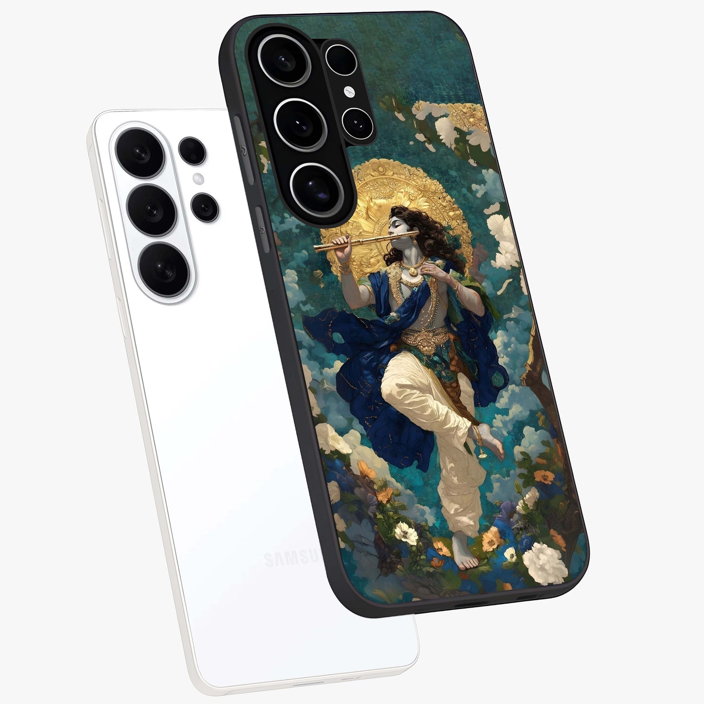 Divine Krishna Art Glass Case displayed in angled mockup highlighting spiritual Krishna illustration with devotional aesthetic.