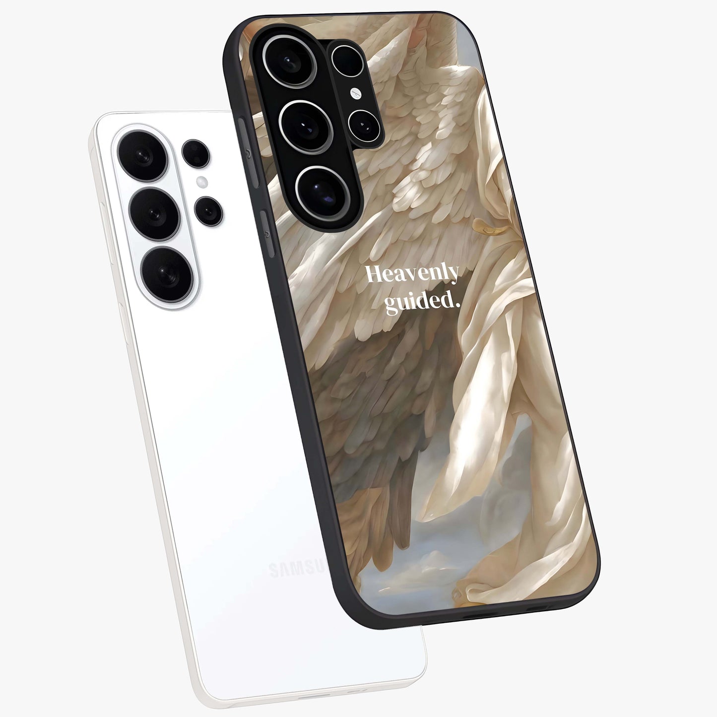 Divine Winged Grace Glass Case displayed in angled mockup highlighting graceful wing design with divine aesthetic style.