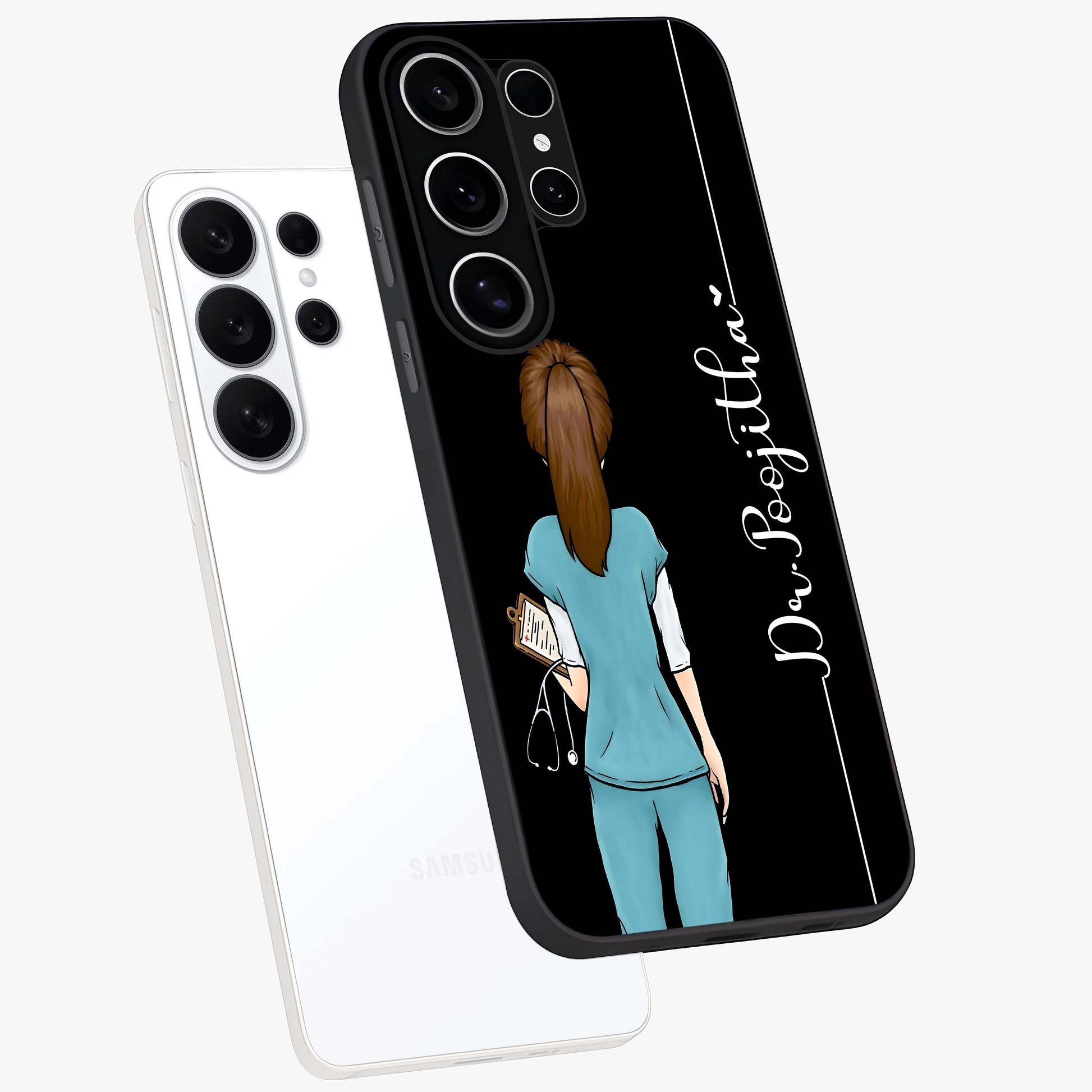 Doctor Pattern Custom Name Glass Case displayed in angled mockup highlighting doctor inspired artwork with custom name feature.