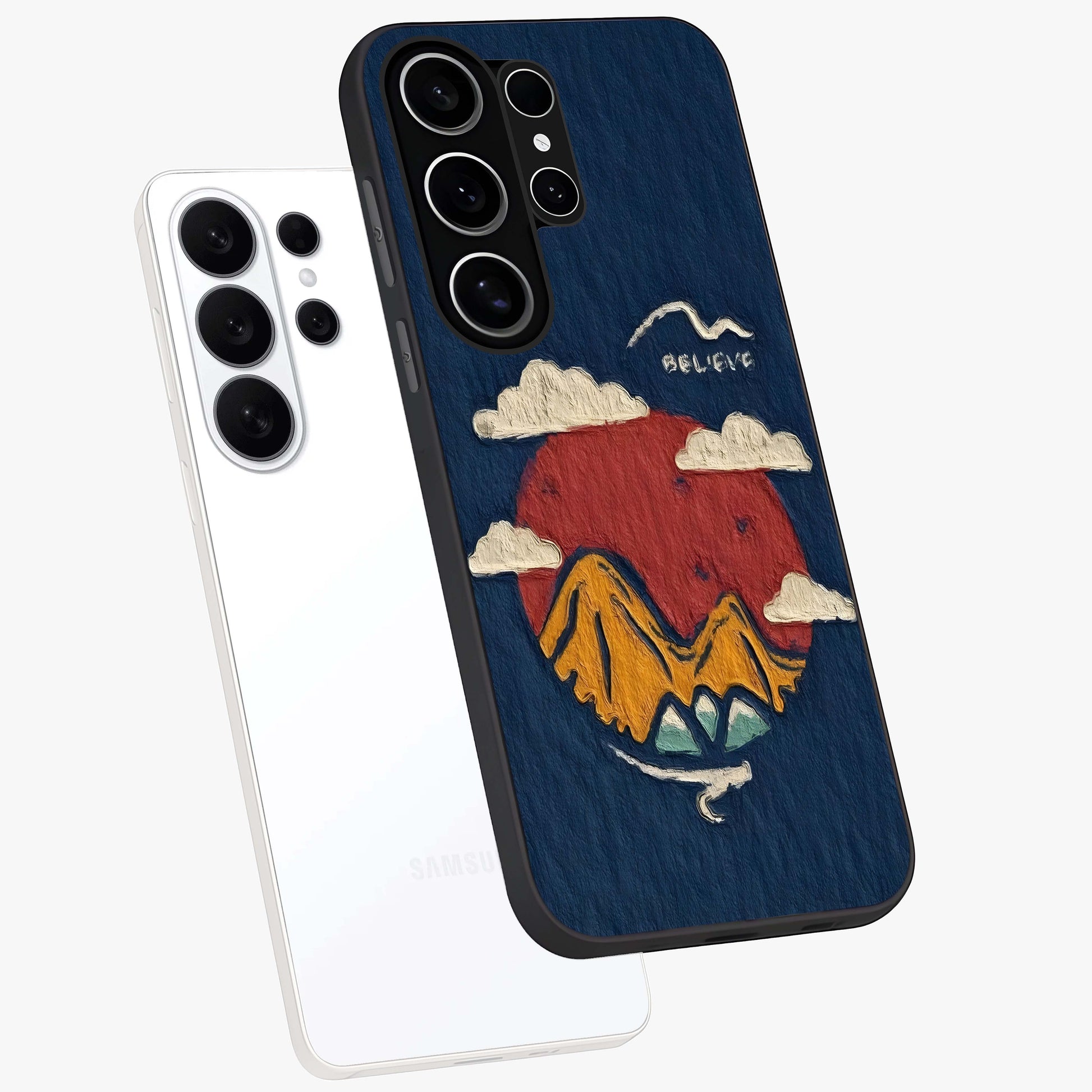 Dream Beyond Mountains Glass Case displayed in angled mockup highlighting dreamy mountain illustration with peaceful aesthetic.