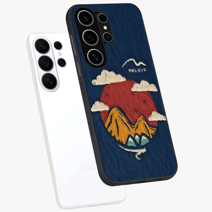 Dream Beyond Mountains Glass Case displayed in angled mockup highlighting dreamy mountain illustration with peaceful aesthetic.