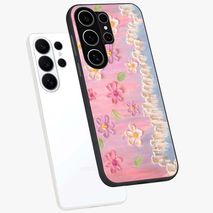 Dreamy Painted Garden Glass Case displayed in angled mockup highlighting colorful garden illustration with dreamy aesthetic style.