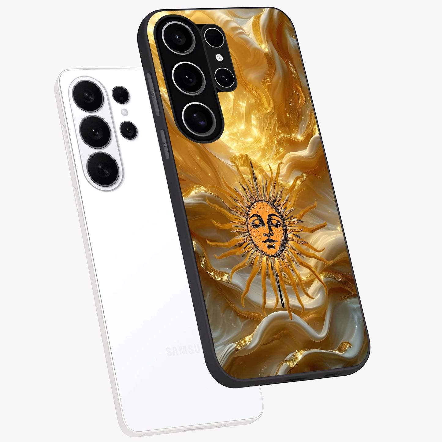 Eternal Golden Glow Glass Case displayed in angled mockup highlighting glowing golden aesthetic design with elegant style.