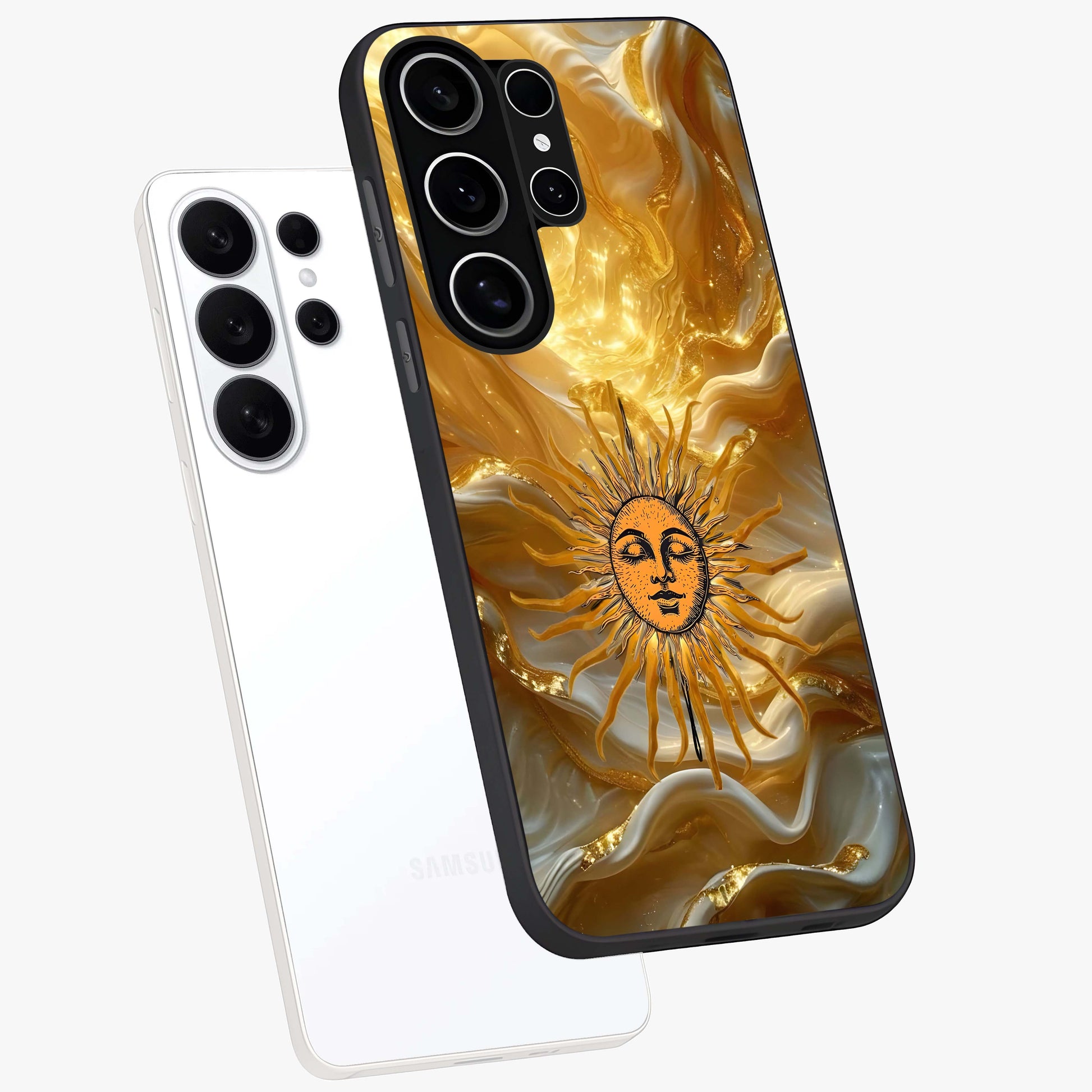 Eternal Golden Glow Glass Case displayed in angled mockup highlighting glowing golden aesthetic design with elegant style.