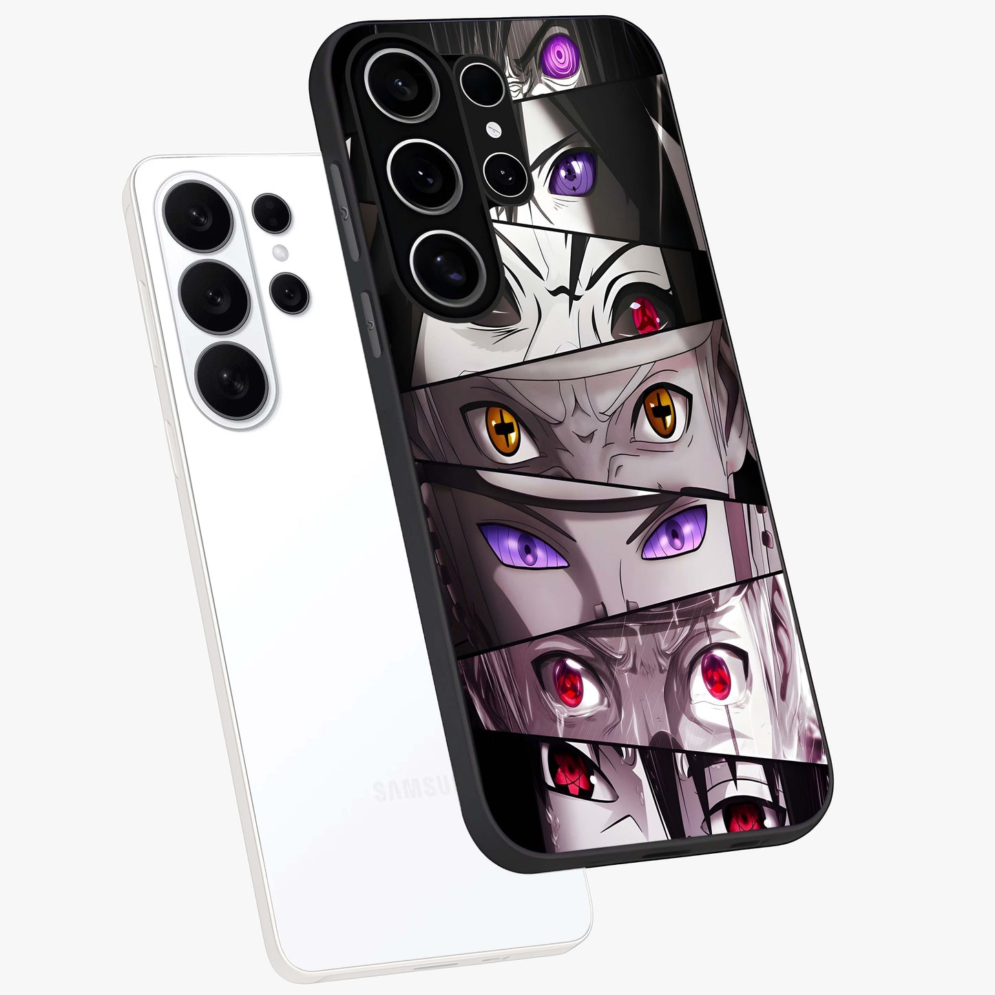 Eyes of Destiny Glass Case displayed in angled mockup highlighting bold eye illustration with mystical aesthetic style.