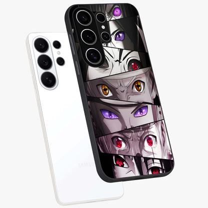 Eyes of Destiny Glass Case displayed in angled mockup highlighting bold eye illustration with mystical aesthetic style.