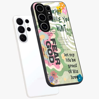 Faith Over Fear Glass Case displayed in angled mockup highlighting inspirational message design with modern aesthetic style.