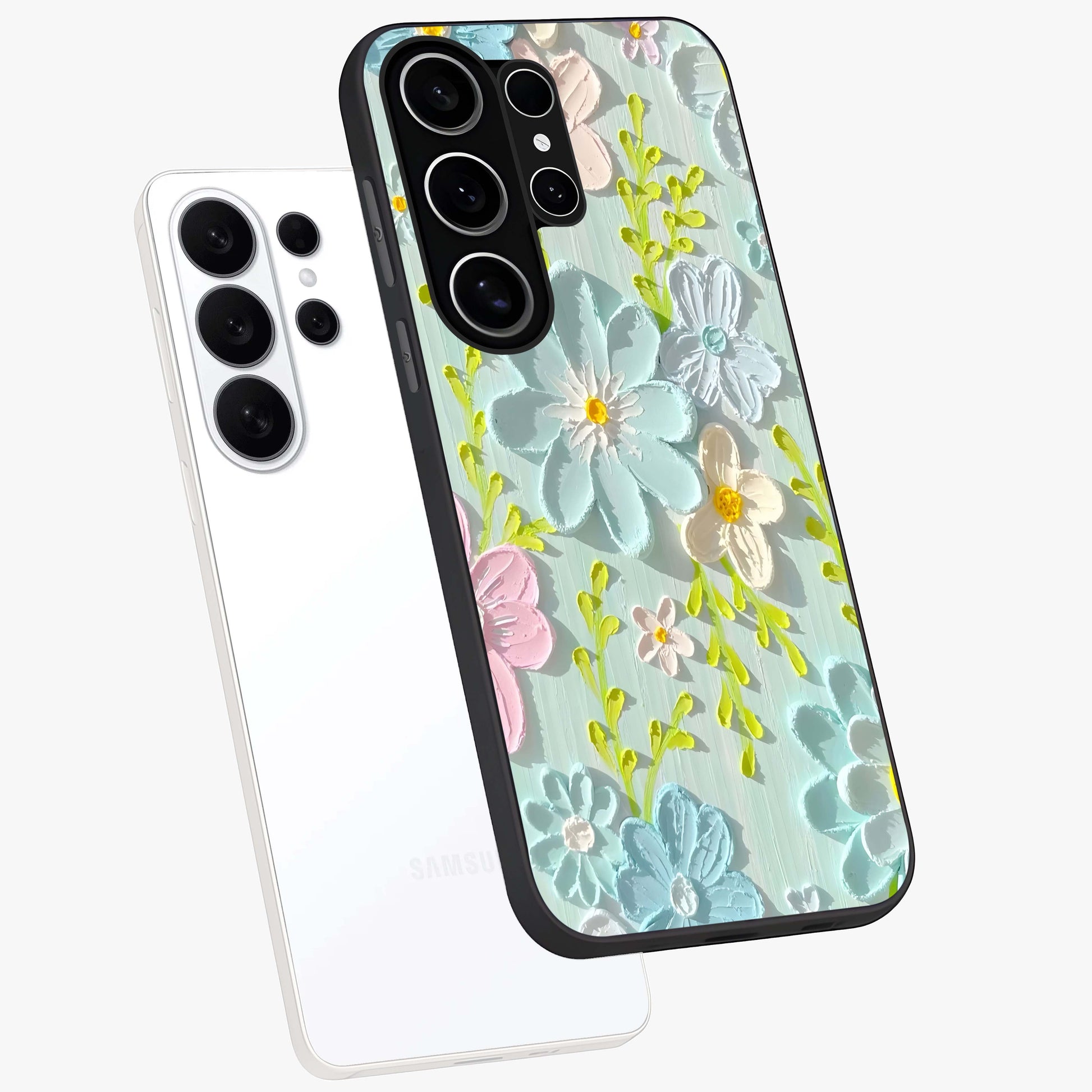 Frosted Petal Garden Glass Case displayed in angled mockup highlighting delicate flower petal design with calm garden aesthetic.