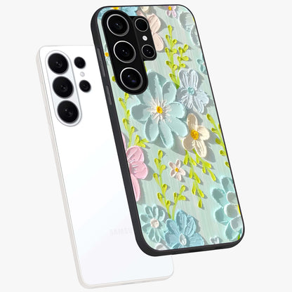 Frosted Petal Garden Glass Case displayed in angled mockup highlighting delicate flower petal design with calm garden aesthetic.