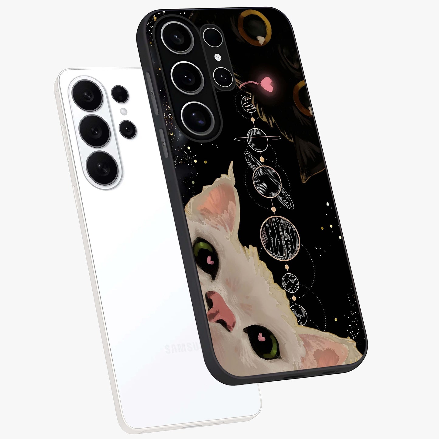 Galactic Cat Glass Case displayed in angled mockup highlighting celestial feline illustration with galaxy aesthetic style.