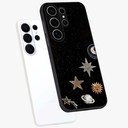 Galactic Charm Glow Glass Case displayed in angled mockup highlighting luminous galaxy inspired design with dreamy aesthetic.