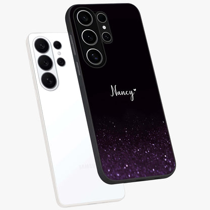 Glittery Purple Bokeh Custom Name Glass Case displayed in angled mockup highlighting glitter bokeh pattern with custom name feature.