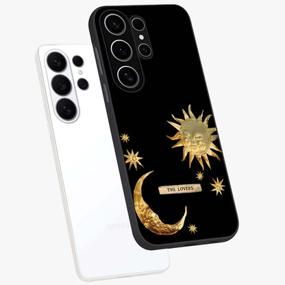Gold Sun Blush Glass Case displayed in angled mockup highlighting radiant sun design with warm golden aesthetic.
