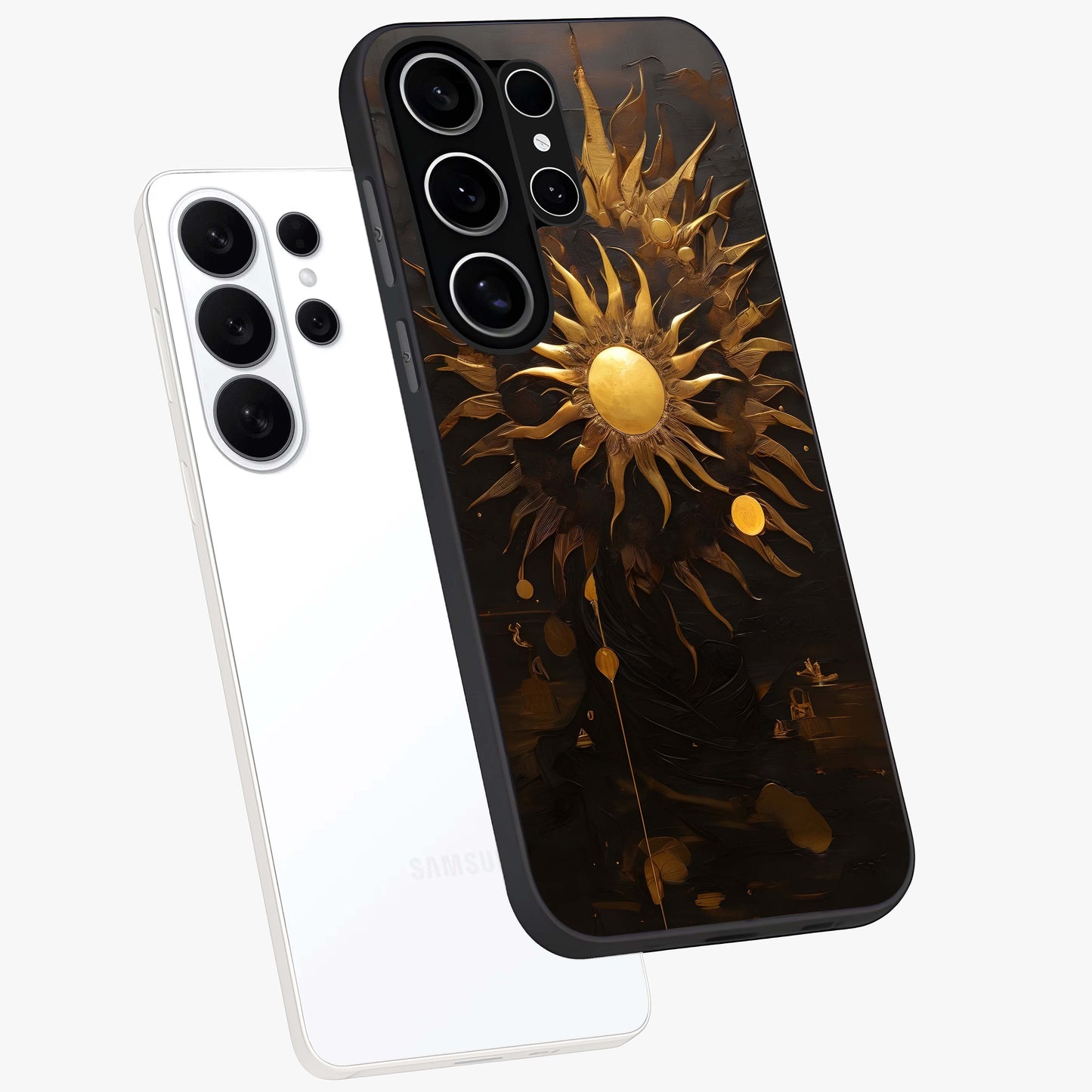 Golden Sun Majesty Glass Case displayed in angled mockup highlighting eerie shadow illustration with gothic aesthetic.