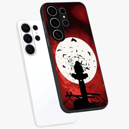 Itachi Limited Edition Naruto Anime Glass Case displayed in angled mockup highlighting dramatic anime illustration with bold action aesthetic.