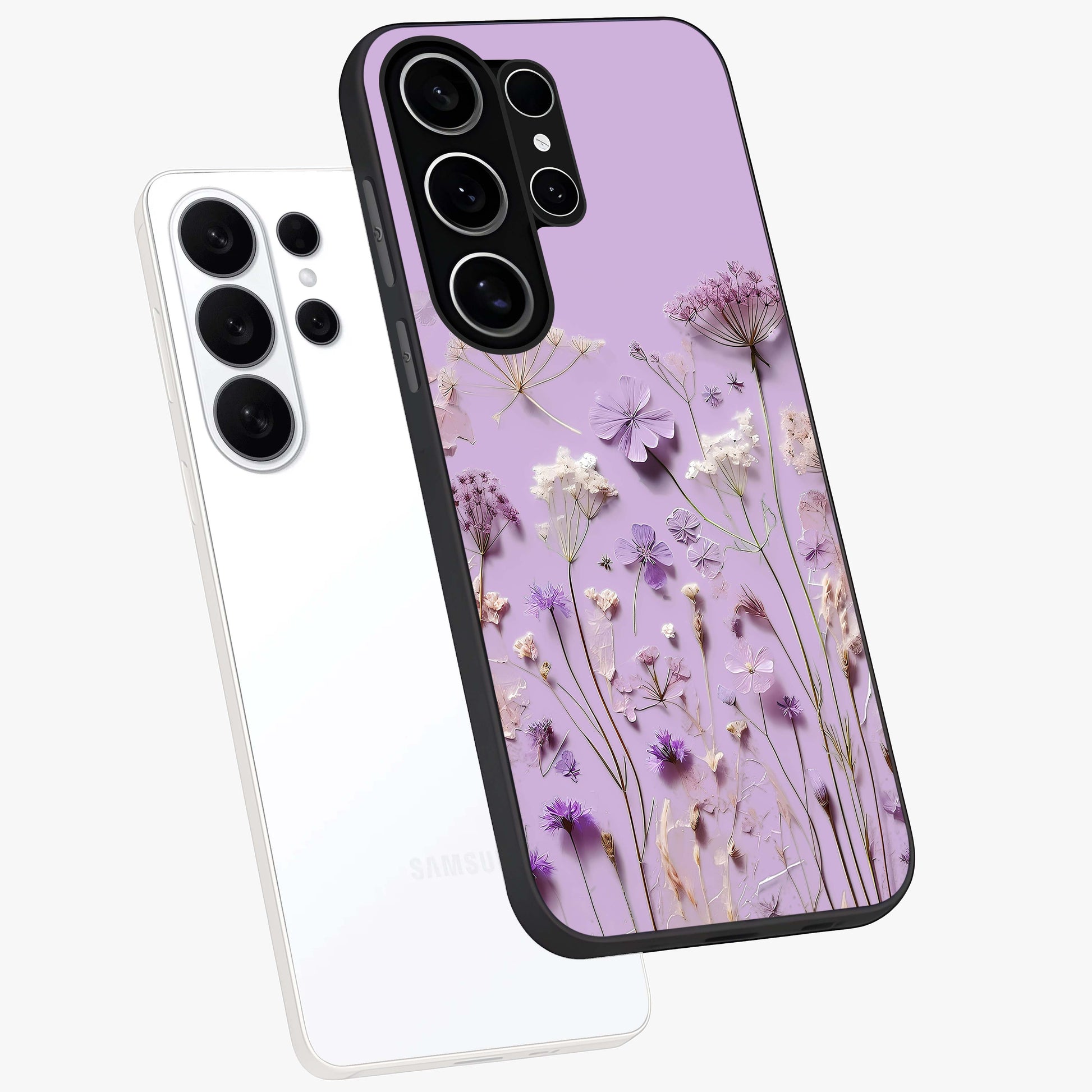 Lavender Blossom Dream Glass Case displayed in angled mockup highlighting dreamy lavender flower design with calming aesthetic style.