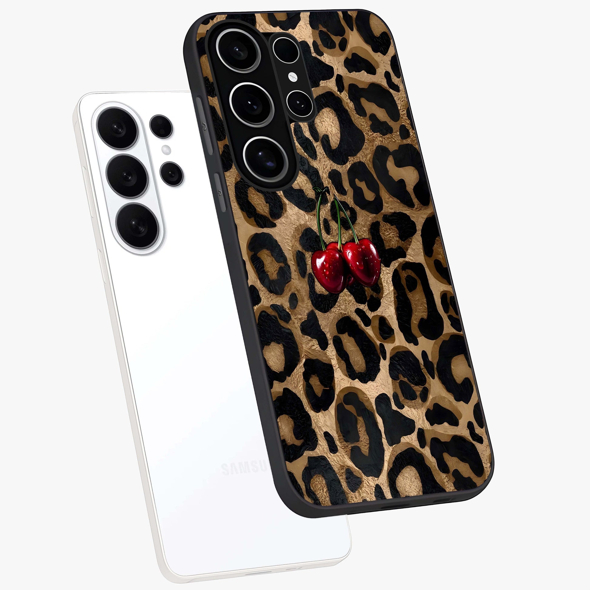 Leopard Wild Cherry Glass Case displayed in angled mockup highlighting bold animal print design with playful cherry aesthetic.