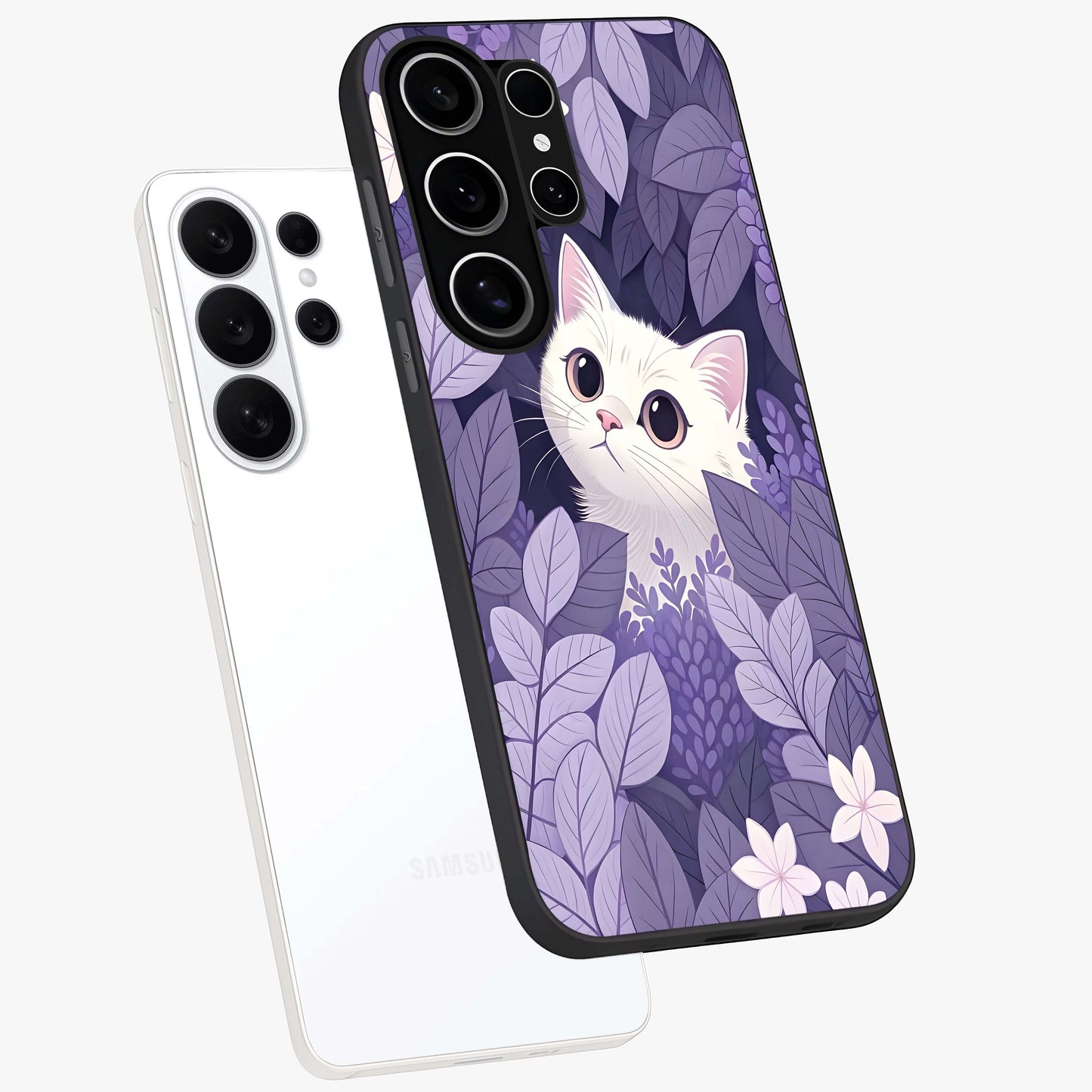 Lilac Hide Peek Cat Glass Case displayed in angled mockup highlighting playful feline illustration with lilac aesthetic design.