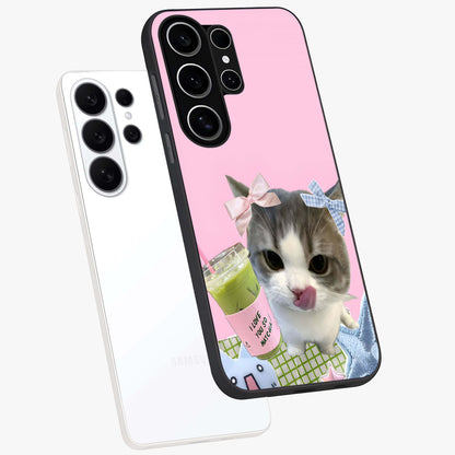 Love Matcha Cat Glass Case displayed in angled mockup highlighting playful feline illustration with cozy matcha aesthetic.