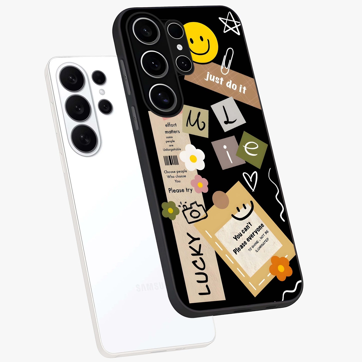 Lucky Aesthetic Collage Glass Case displayed in angled mockup highlighting stylish collage pattern with modern aesthetic vibe.