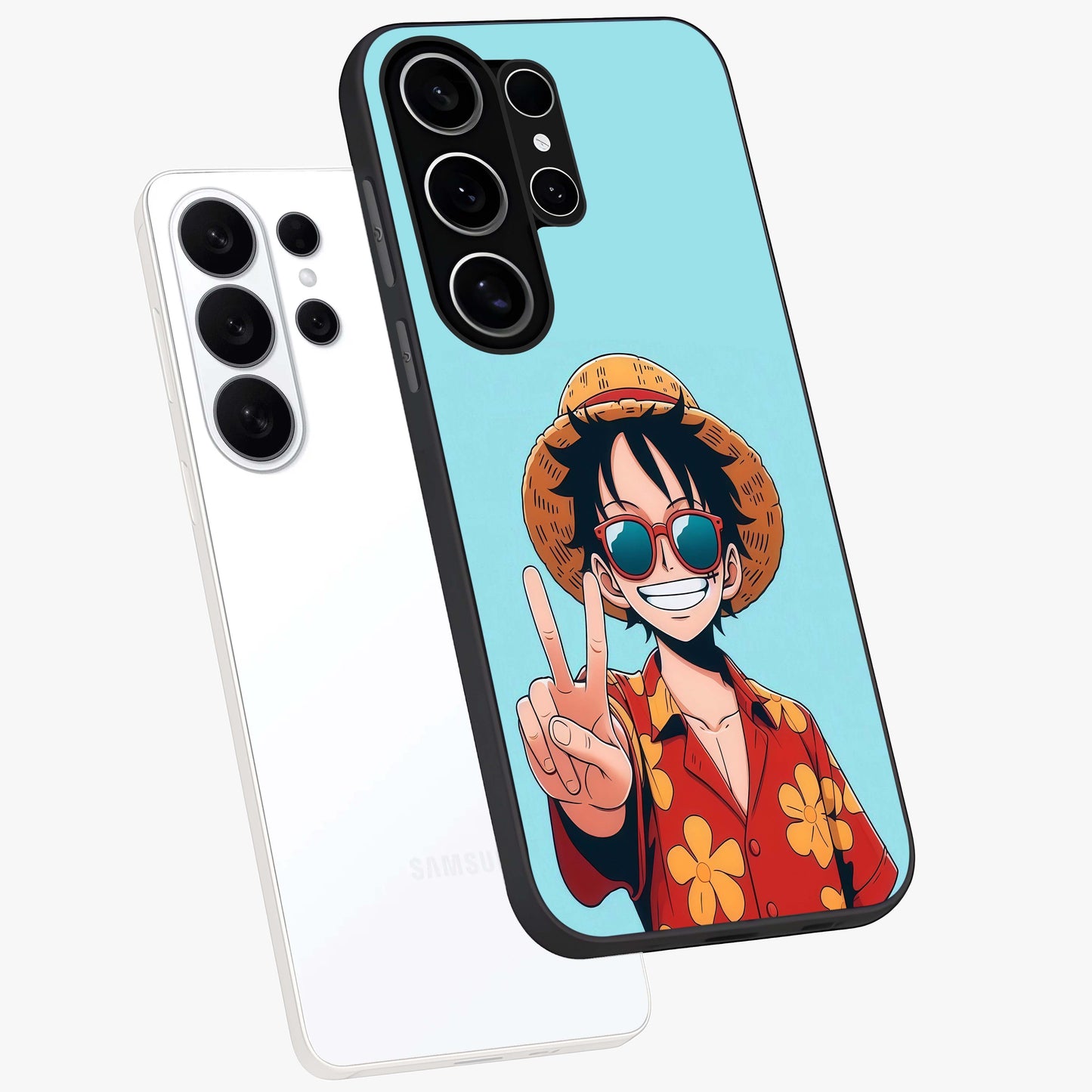 Luffy Summer Anime Vibe Glass Case displayed in angled mockup highlighting energetic anime illustration with summer vibe aesthetic.
