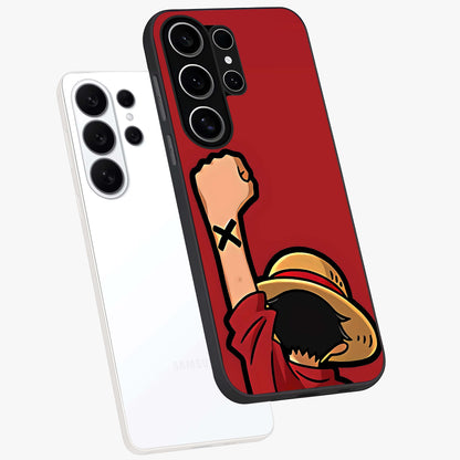 Luffy X Spirit Glass Case displayed in angled mockup highlighting powerful anime design with energetic action aesthetic.
