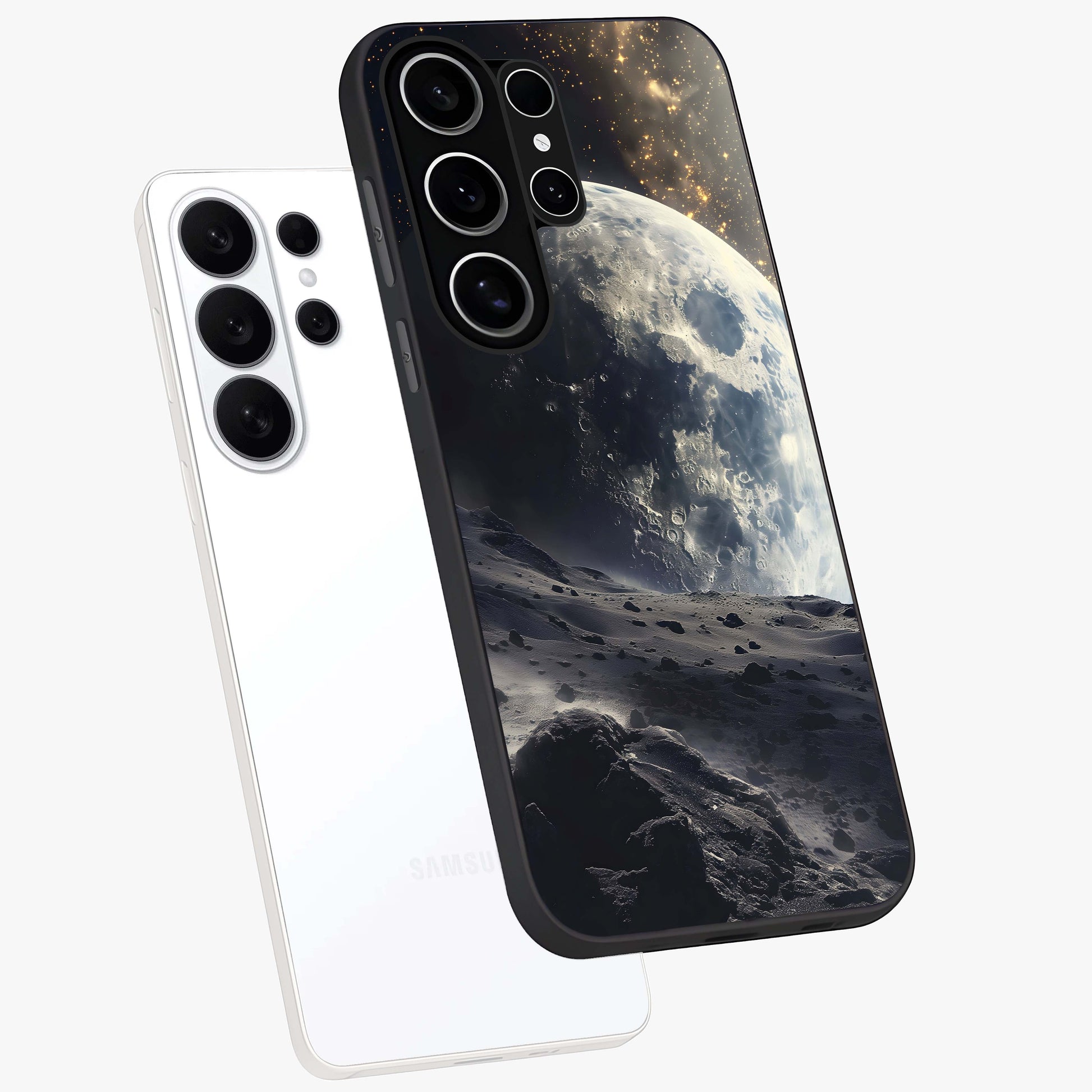 Lunar Horizon Glow Glass Case displayed in angled mockup highlighting celestial moon design with dreamy night aesthetic.