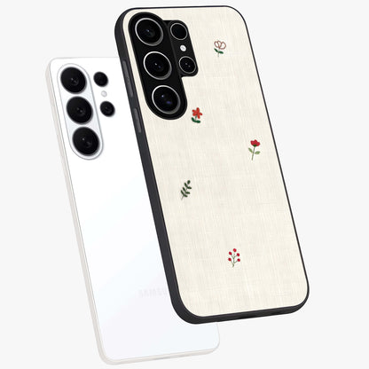 Minimalistic Blue With White Flower Pattern Glass Case displayed in angled mockup highlighting simple floral design with minimal aesthetic.