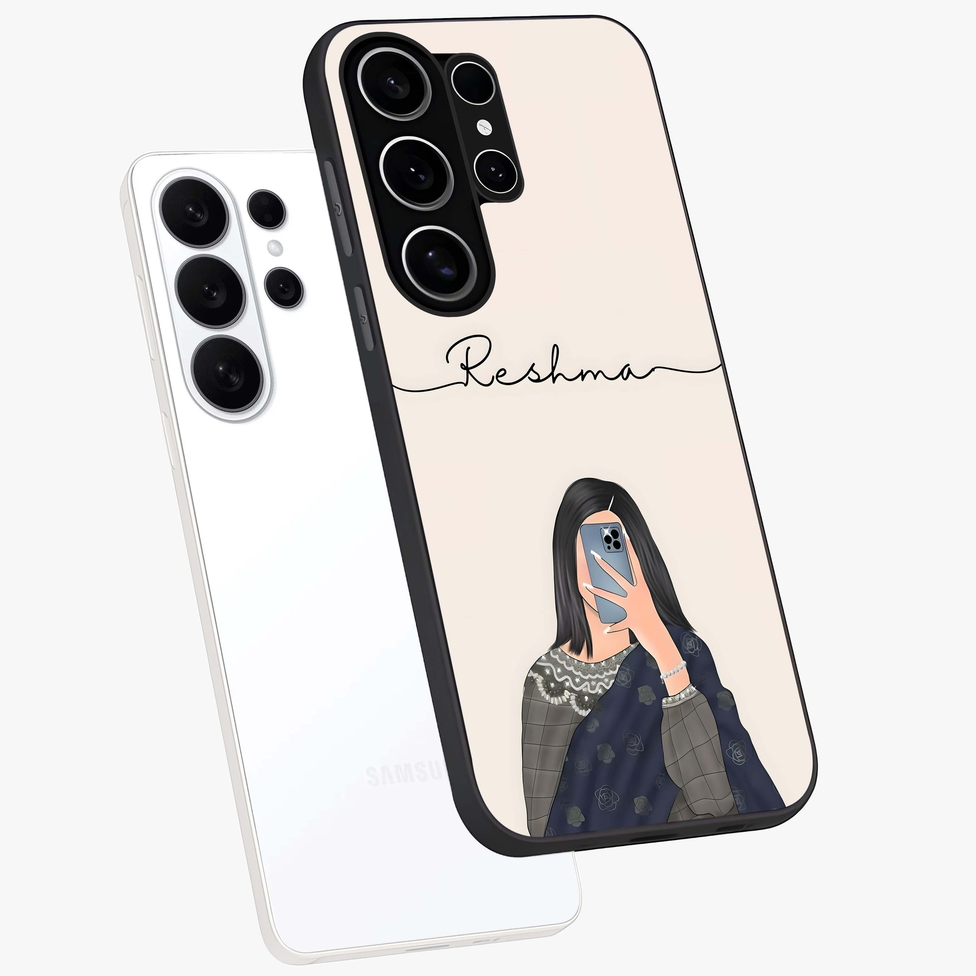 Mirror Mood Muse With Custom Name Glass Case displayed in angled mockup highlighting aesthetic mirror inspired design with custom name feature.