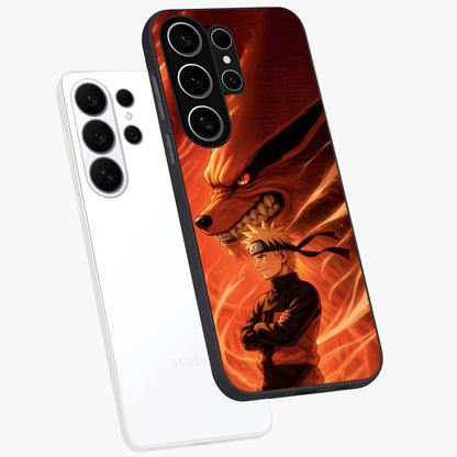 Nine Tails Legacy Glass Case displayed in angled mockup highlighting dynamic anime beast illustration with bold mystical aesthetic.