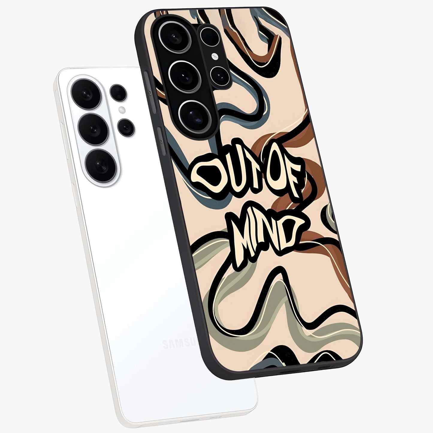 Out Of Mind Glass Case displayed in angled mockup highlighting bold statement design with modern artistic aesthetic.