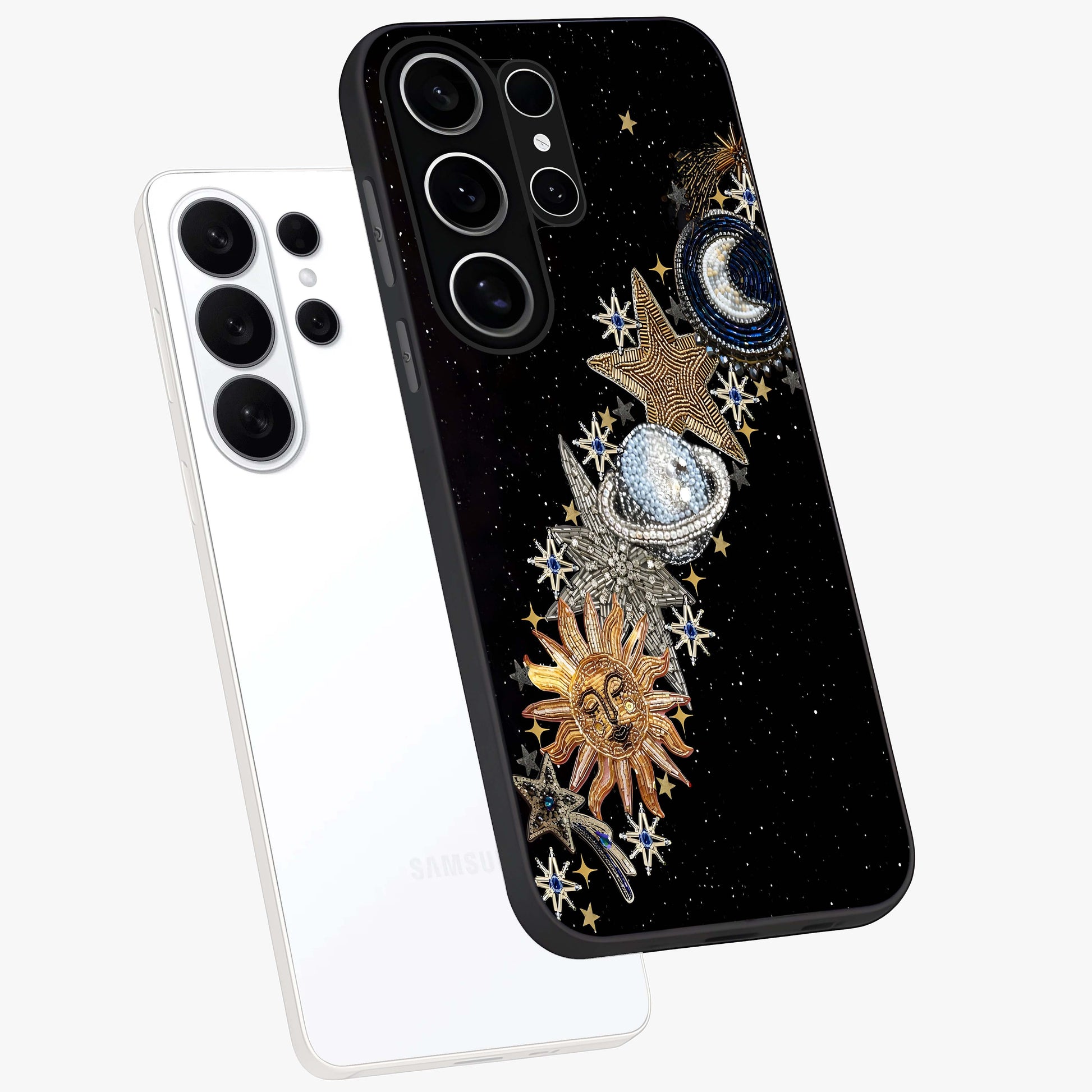 Pearls Universe Object Glass Case displayed in angled mockup highlighting celestial pearl design with dreamy aesthetic.